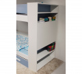 Patrová postel Gaspar s policí - regálem 90x200 cm (Š 104 cm, D 230 cm, V 160 cm), Bílý akryl, Dub sonoma PVC, bez matrací, bez zábranky, žebřík na pravé straně