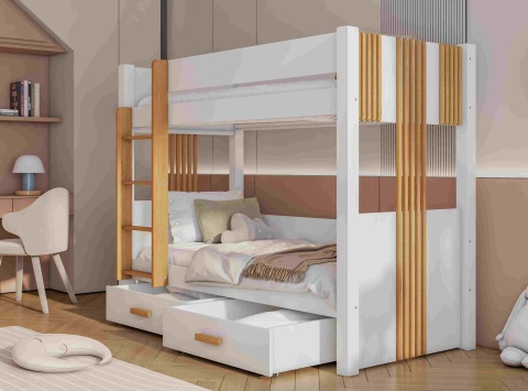 Patrová postel Arten s úložným prostorem 80x200 cm (Š 93 cm, D 204 cm, V 160 cm), Přírodní borovice, Bílé PVC, bez matrací, bez zábranky, žebřík na pravé straně