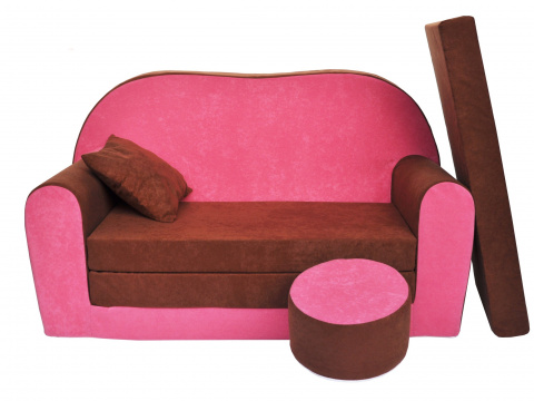 Dětská rozkládací pohovka + taburet růžovo / hnědá