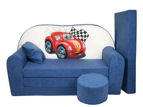 Dětská rozkládací pohovka + taburet Auto modrá