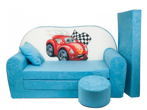 Dětská rozkládací pohovka + taburet Auto světle modrá