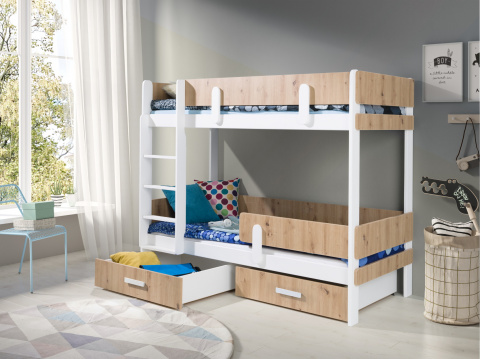 Patrová postel Ettore s úložným prostorem 80x200 cm (Š 93 cm, D 210 cm, V 156 cm), Bílý akryl, Dub zlatý PVC, 2 ks hlavní matrace, se zábrankou, žebřík na pravé straně