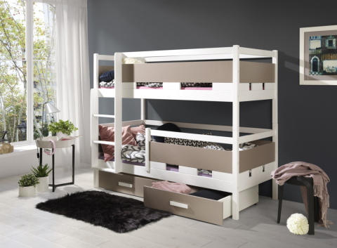 Patrová postel Ruben 80x180 cm (Š 87 cm, D 190 cm, V 158 cm), Bílý akryl, Dub sonoma PVC, bez matrací, bez zábranky, žebřík na pravé straně