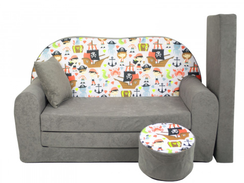 Dětská rozkládací pohovka + taburet Piráti šedá