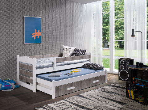 Rozkládací postel Tiago II s úložným prostorem 90x200 cm (Š 97 cm, D 205 cm, V 76 cm), Přírodní borovice, Dub sonoma PVC, 2 ks matrace (1 ks hlavní + 1 ks přistýlka), zábranka vpravo