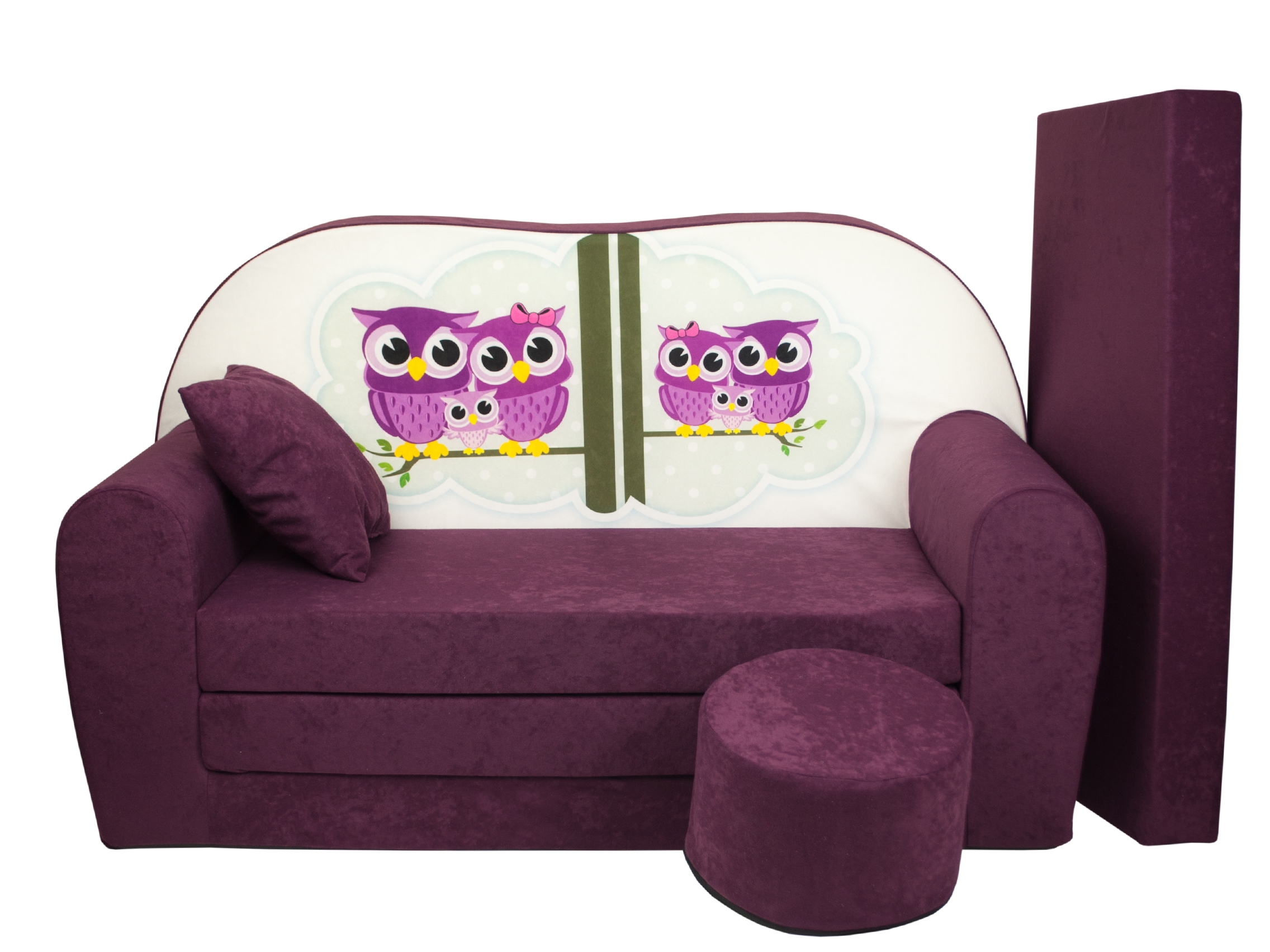 Dětská rozkládací pohovka + taburet Sovy fialová Dětská rozkládací pohovka + taburet Sovy fialová